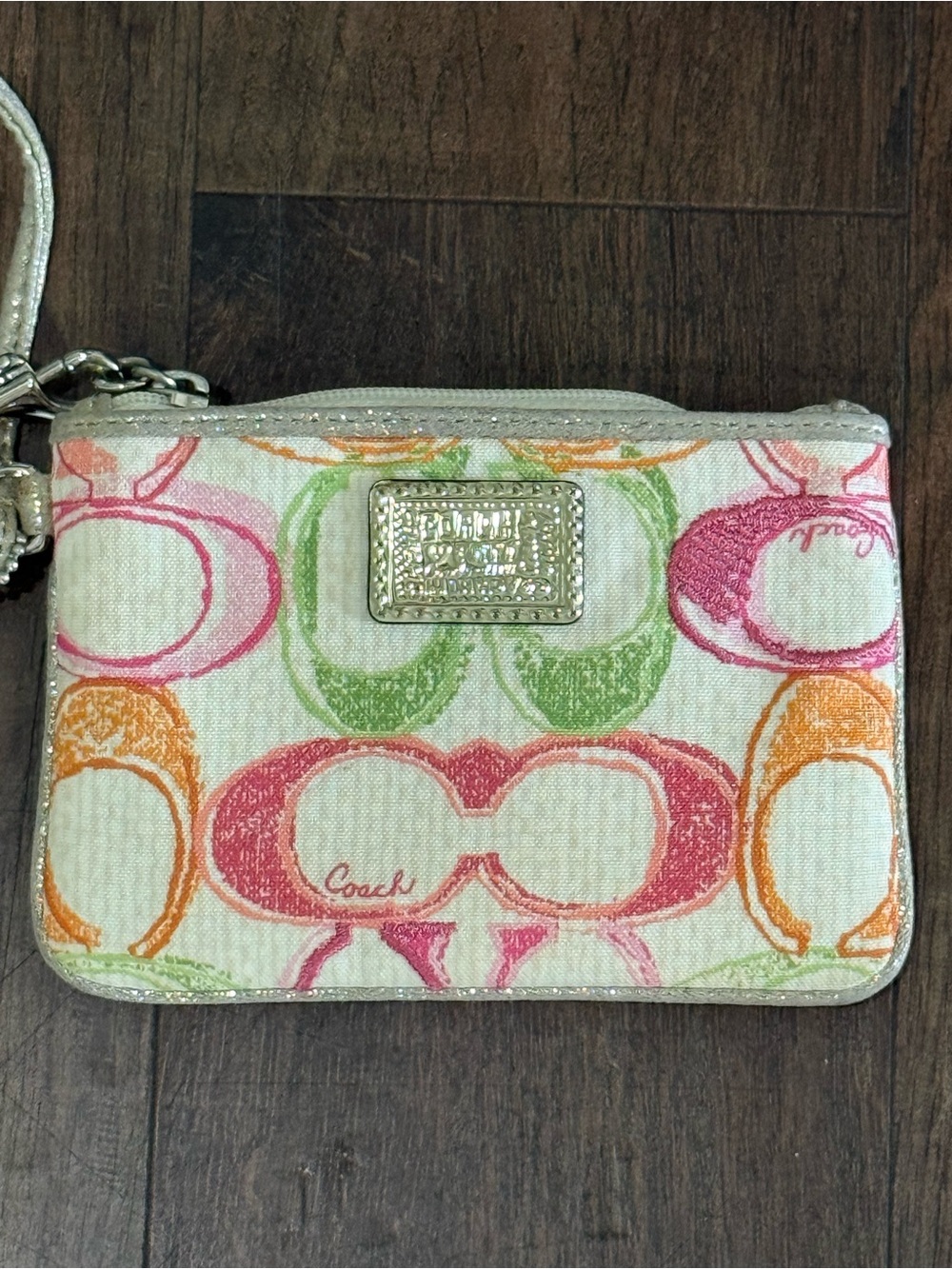 Coach Multicolor Signature Wristlet in Pink, Green, Orange & Cream